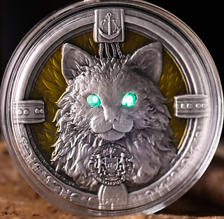 Gabon 2025 2000 Francs CFA The Ship’s Cat 2oz .999 Antiqued Silver High Relief Glow in the Dark Effect