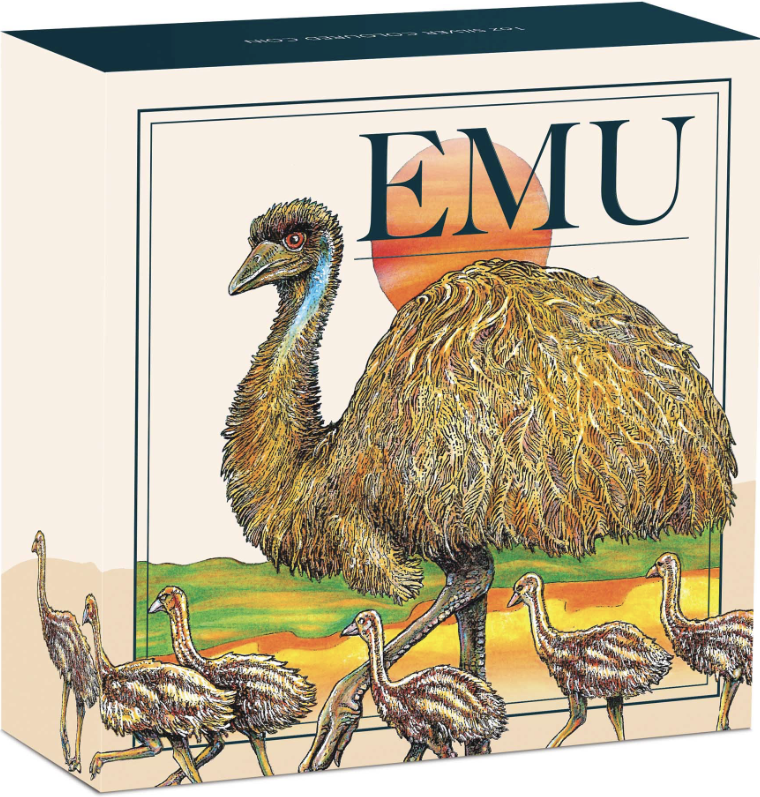 Box with illustration of an emu and its chicks on a scenic background