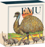 Box with illustration of an emu and its chicks on a scenic background