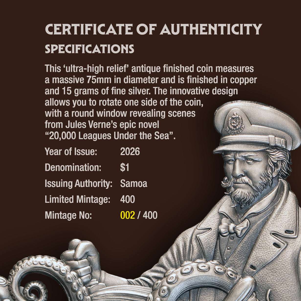 Samoa 2026 $1 20,000 LEAGUES UNDER THE SEA High Relief Rotating 15 grams .999 Silver & Copper Bimetal Antique Certificate