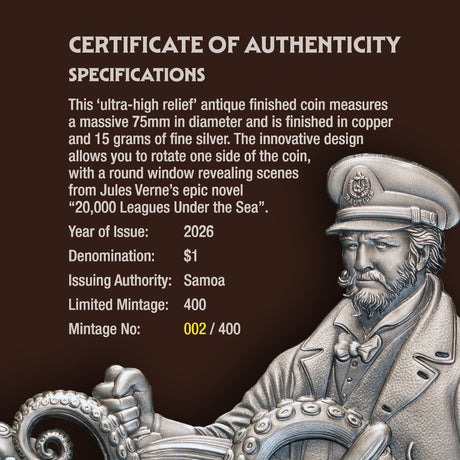 Samoa 2026 $1 20,000 LEAGUES UNDER THE SEA High Relief Rotating 15 grams .999 Silver & Copper Bimetal Antique Certificate