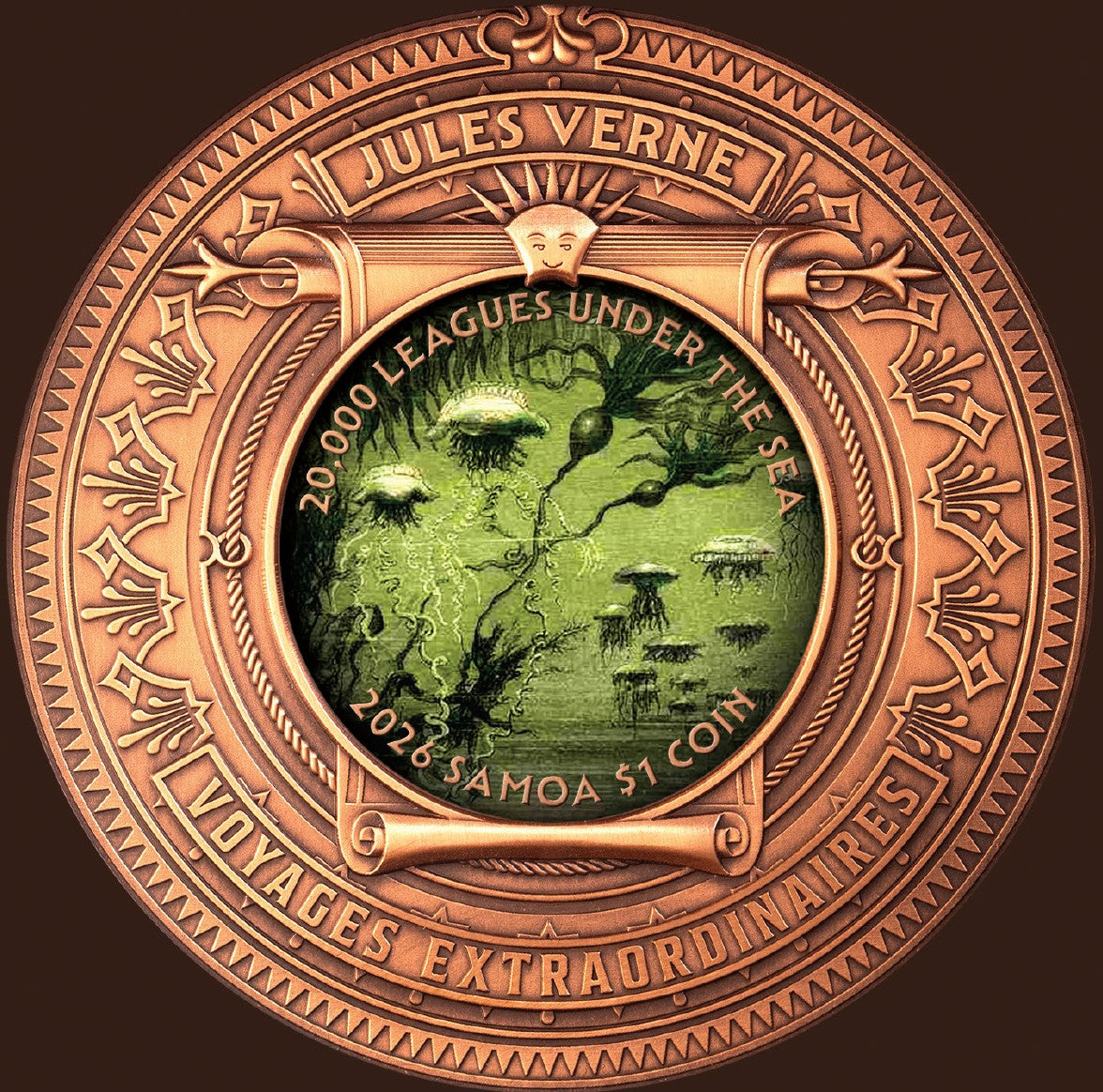 Samoa 2026 $1 20,000 LEAGUES UNDER THE SEA High Relief Rotating 15 grams .999 Silver & Copper Bimetal Antique Obverse 2