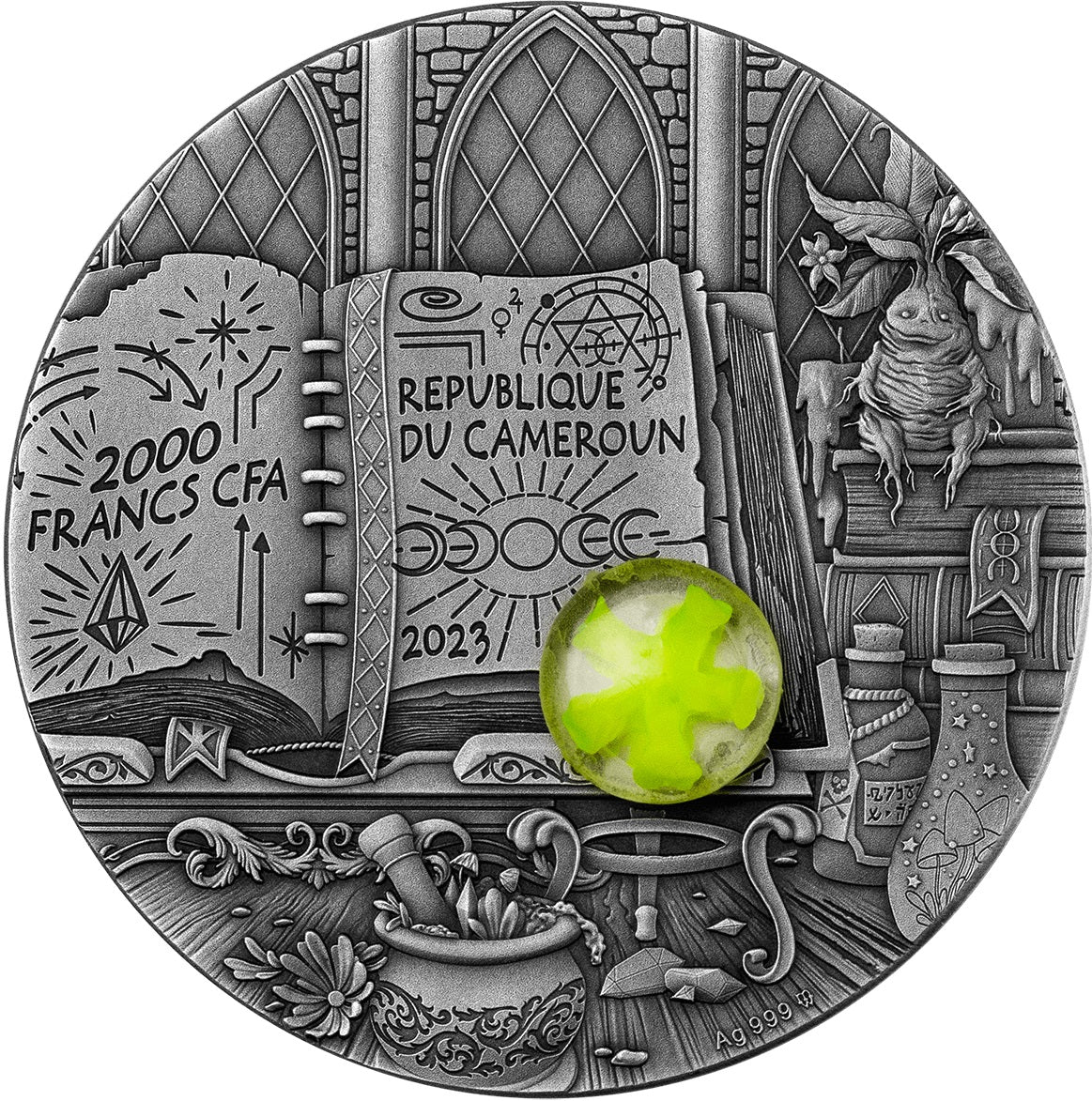 Cameroon 2023 2000 Francs CFA WIZARD 2oz .999 Silver High Relief Antiqued Coin w/3D Insert