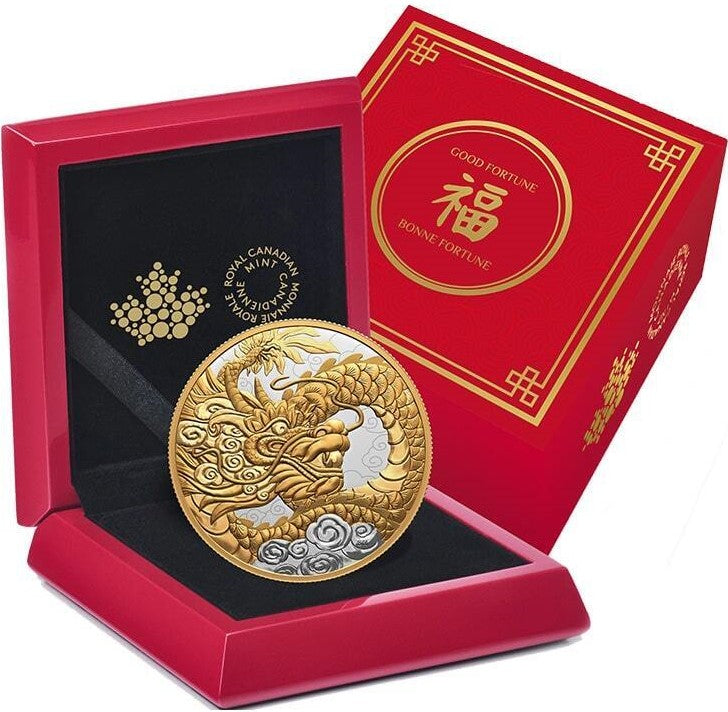 Canada 2023 $50 Heavenly Dragon 5oz Silver 99.99% with selective gold plating Case