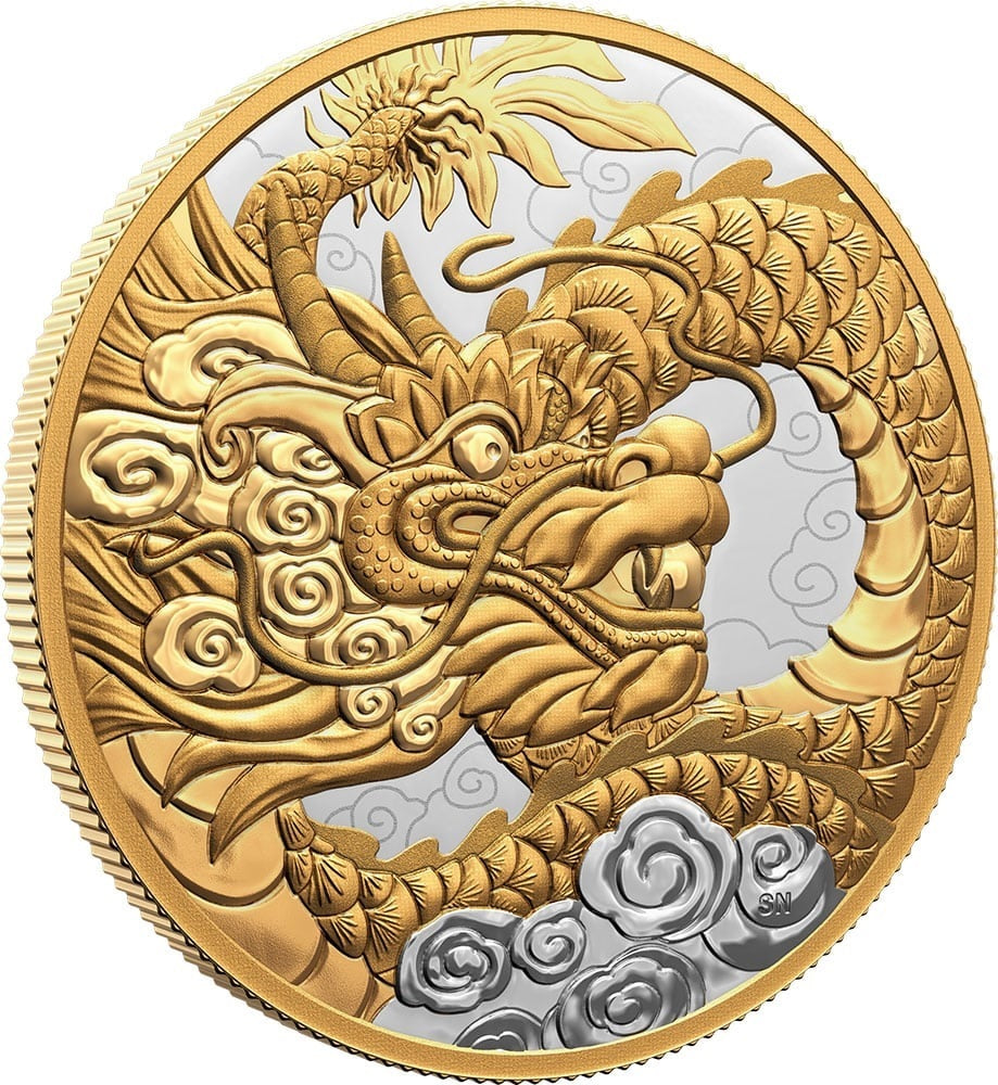 Canada 2023 $50 Heavenly Dragon 5 oz PURE 99.99% silver with selective gold plating Reverse and Rim