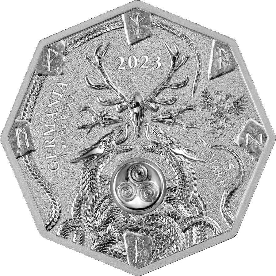 Germania 2023  5 Mark Witchcraft Seeress 1oz Silver BU Octagonal Coin Obverse