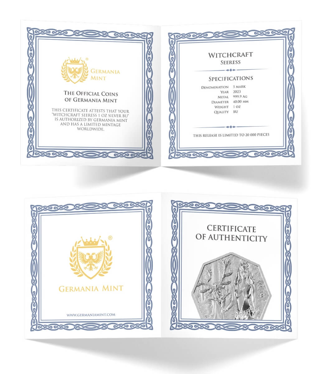 Germania 2023  5 Mark Witchcraft Seeress 1oz Silver BU Octagonal Coin Certificate of Authenticity