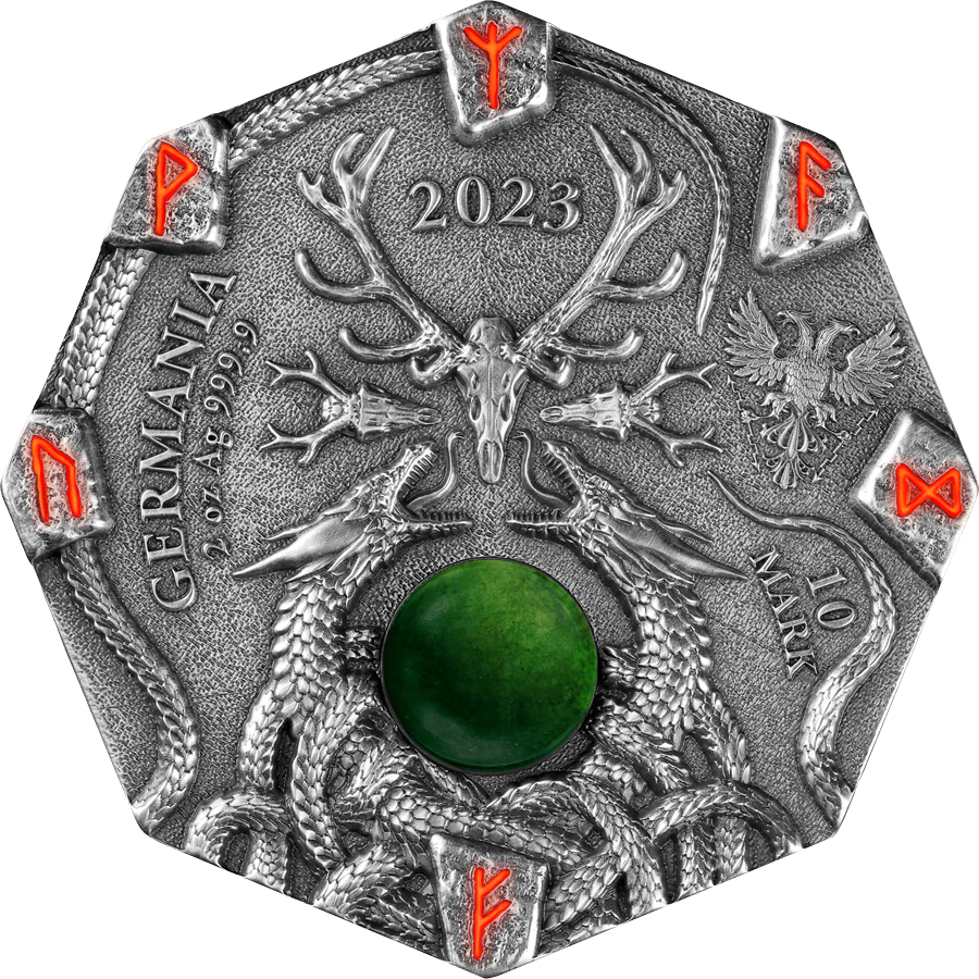 Germania 2023 10 Mark Witchcraft Seeress 2oz .999 Silver Octagonal Ultra High Relief Coin, Aventurine and UV Effect Obverse