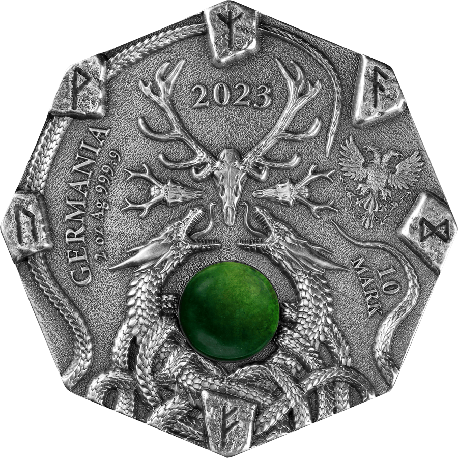 Germania 2023 10 Mark Witchcraft Seeress 2oz .999 Silver Octagonal Ultra High Relief Coin, Aventurine and UV Effect Obverse and UV Effect