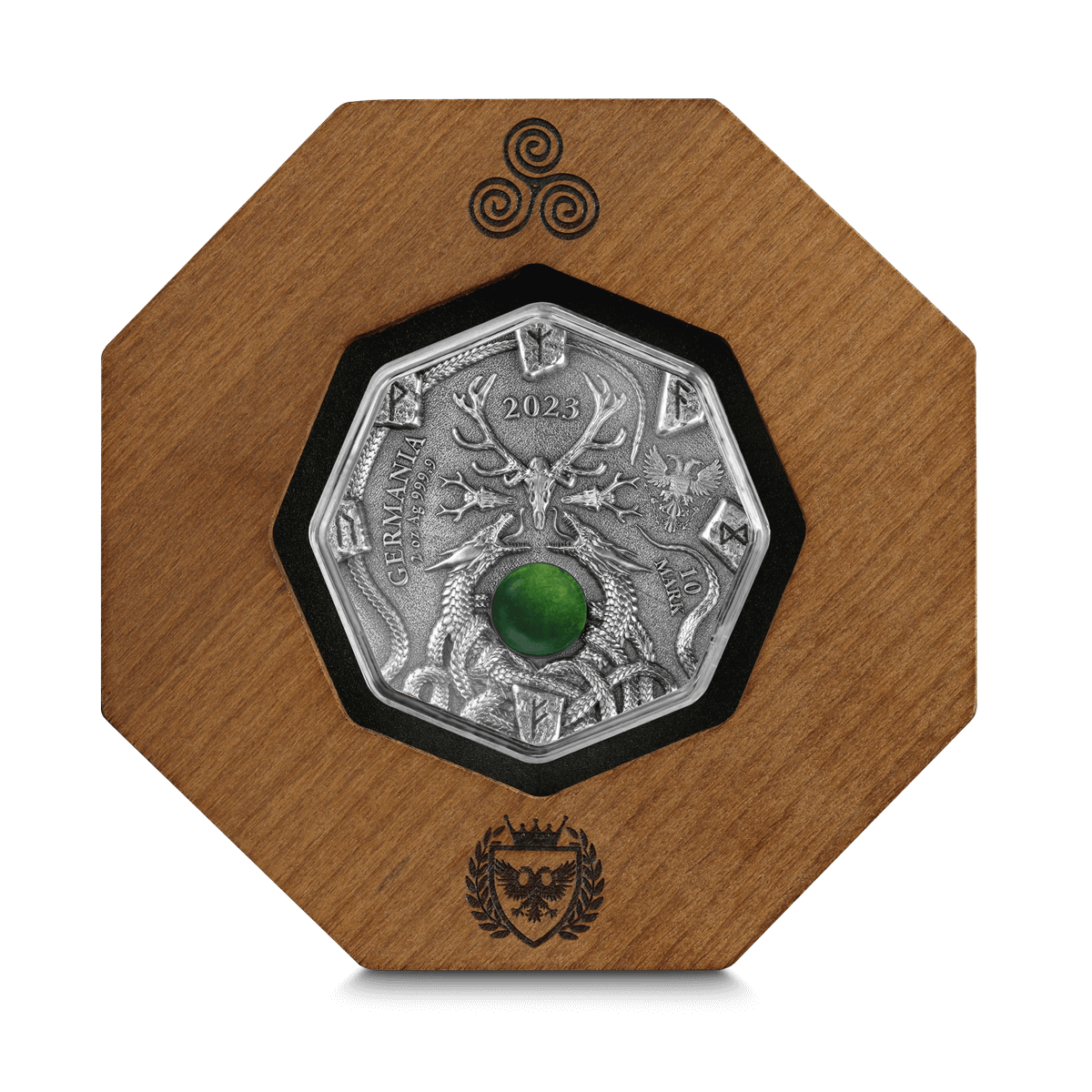Germania 2023 10 Mark Witchcraft Seeress 2oz .999 Silver Octagonal Ultra High Relief Coin, Aventurine and UV Effect Obverse Wooden Display Case