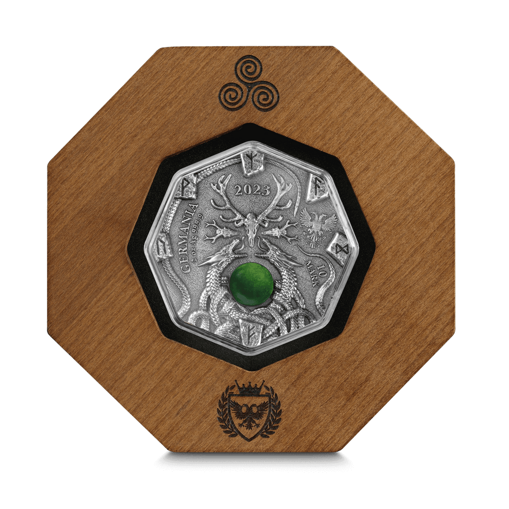Germania 2023 10 Mark Witchcraft Seeress 2oz .999 Silver Octagonal Ultra High Relief Coin, Aventurine and UV Effect Obverse Wooden Display Case