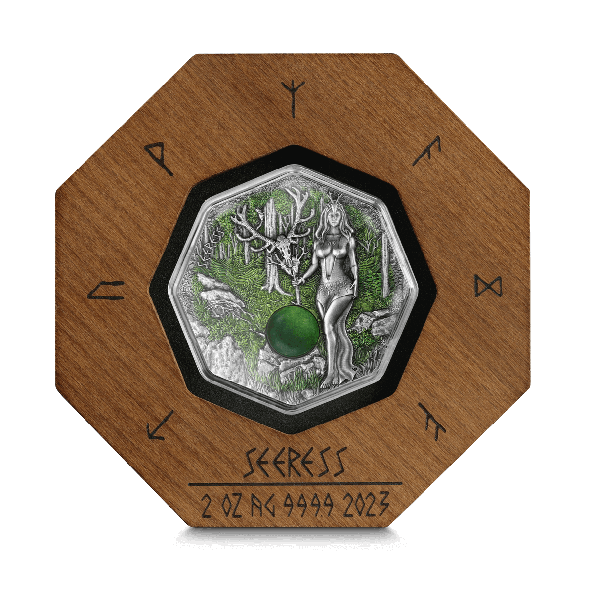 Germania 2023 10 Mark Witchcraft Seeress 2oz .999 Silver Octagonal Ultra High Relief Coin, Aventurine and UV Effect Reverse Wooden Display Case