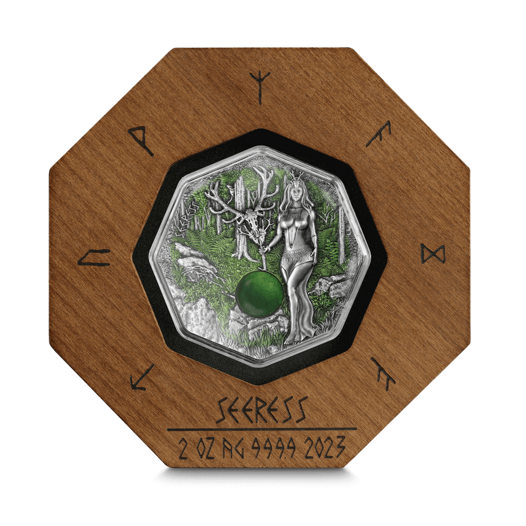 Germania 2023 10 Mark Witchcraft Seeress 2oz .999 Silver Octagonal Ultra High Relief Coin, Aventurine and UV Effect Reverse Wooden Display Case