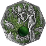 Germania 2023 10 Mark Witchcraft Seeress 2oz .999 Silver Octagonal Ultra High Relief Coin, Aventurine and UV Effect Obverse Side