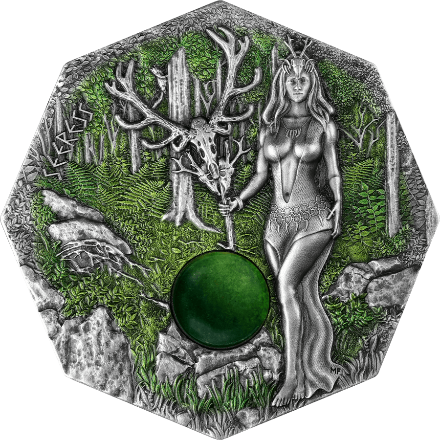 Germania 2023 10 Mark Witchcraft Seeress 2oz .999 Silver Octagonal Ultra High Relief Coin, Aventurine and UV Effect Obverse Side