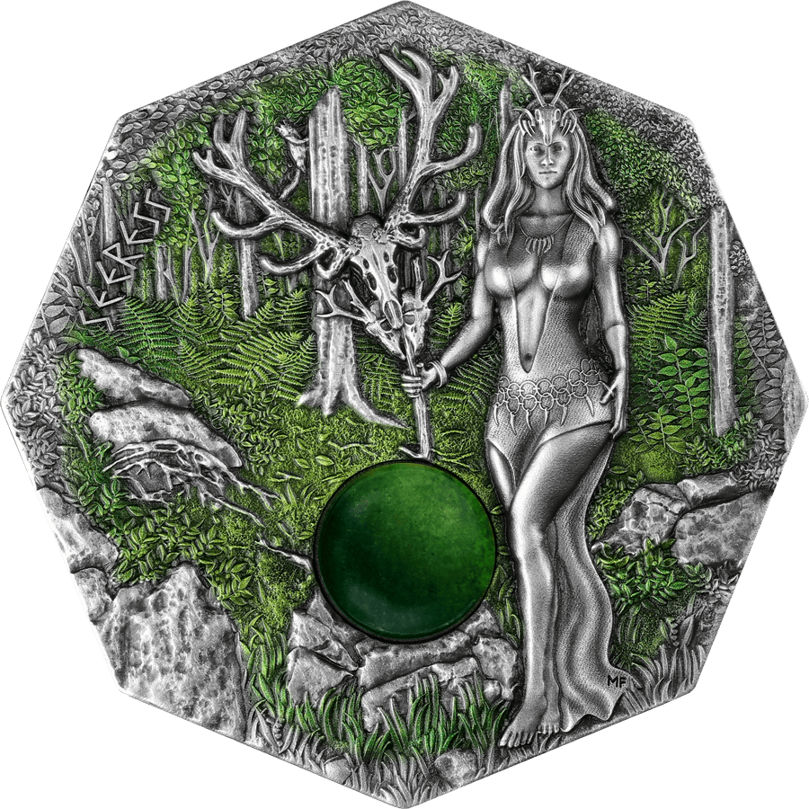 Germania 2023 10 Mark Witchcraft Seeress 2oz .999 Silver Octagonal Ultra High Relief Coin, Aventurine and UV Effect Reverse