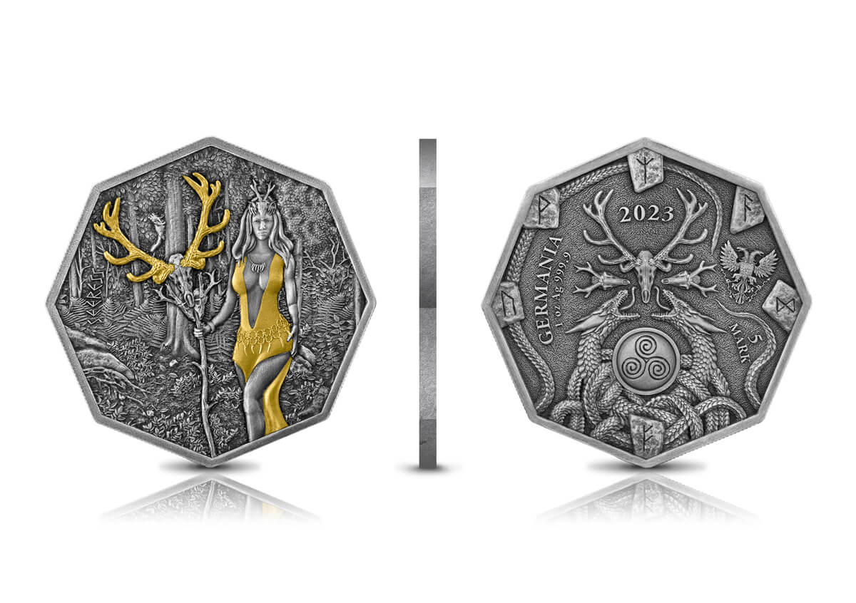 Germania 2023 5 Mark Witchcraft Seeress Ritual 1oz Silver BU Octagonal Gilded Coin and UV Effect Obverse and Reverse