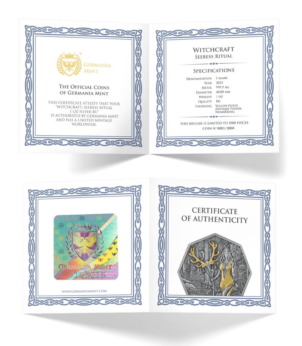 Germania 2023 5 Mark Witchcraft Seeress Ritual 1oz Silver BU Octagonal Gilded Coin and UV Effect Certificate