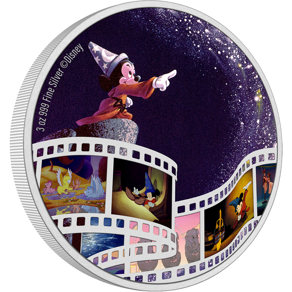 2023 $10 Disney Cinema Masterpieces - FANTASIA 3oz Silver Coloured Coin Reverse and Left Rim