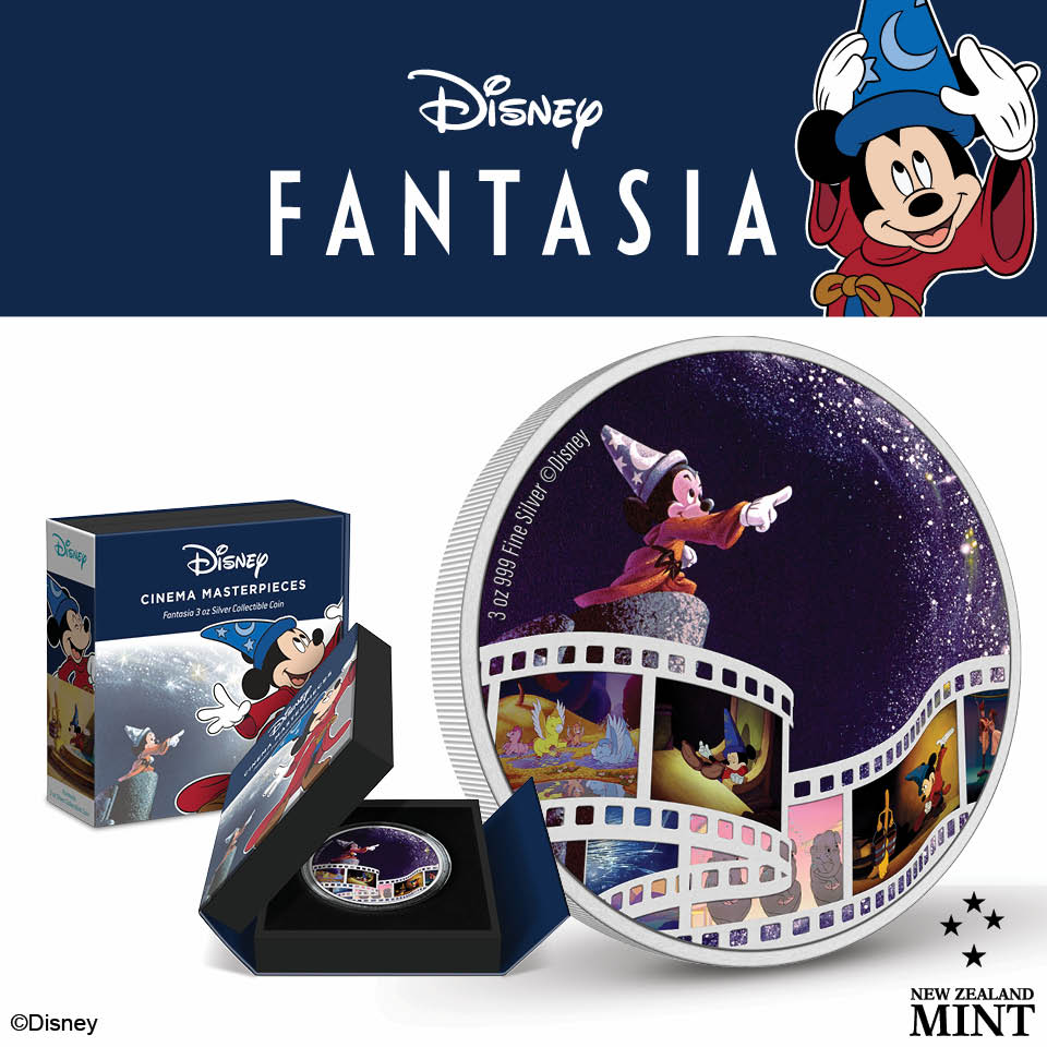 2023 $10 Disney Cinema Masterpieces - FANTASIA 3oz Silver Coloured Coin Shipper Box, Case and Coin