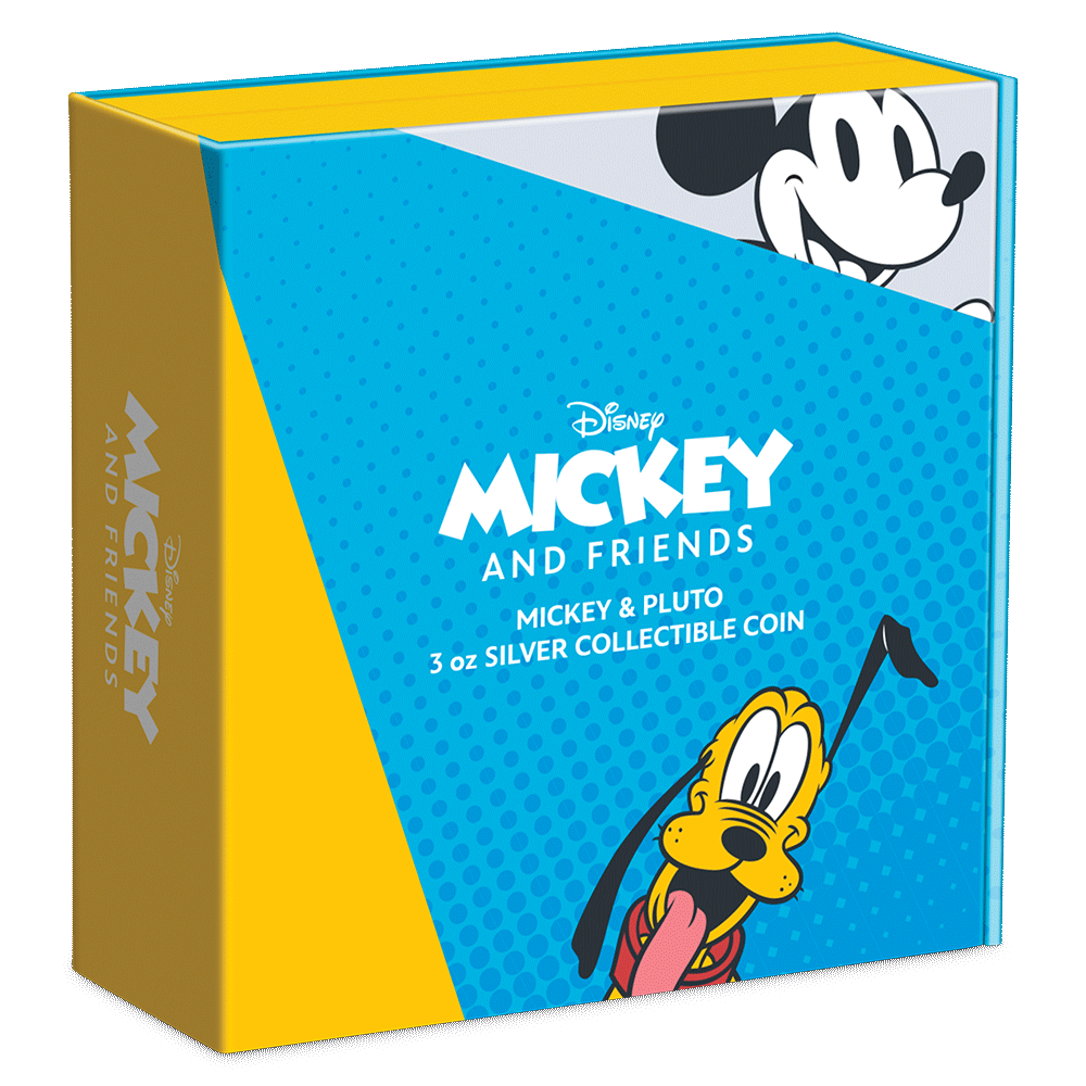 Niue 2023  Disney Mickey and Friends: Mickey and Pluto 3oz Silver Colorized Proof Coin Shipper Box