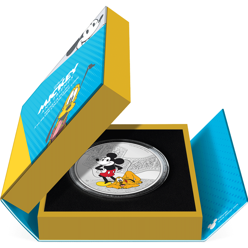 Niue 2023  Disney Mickey and Friends: Mickey and Pluto 3oz Silver Colorized Proof Coin Case