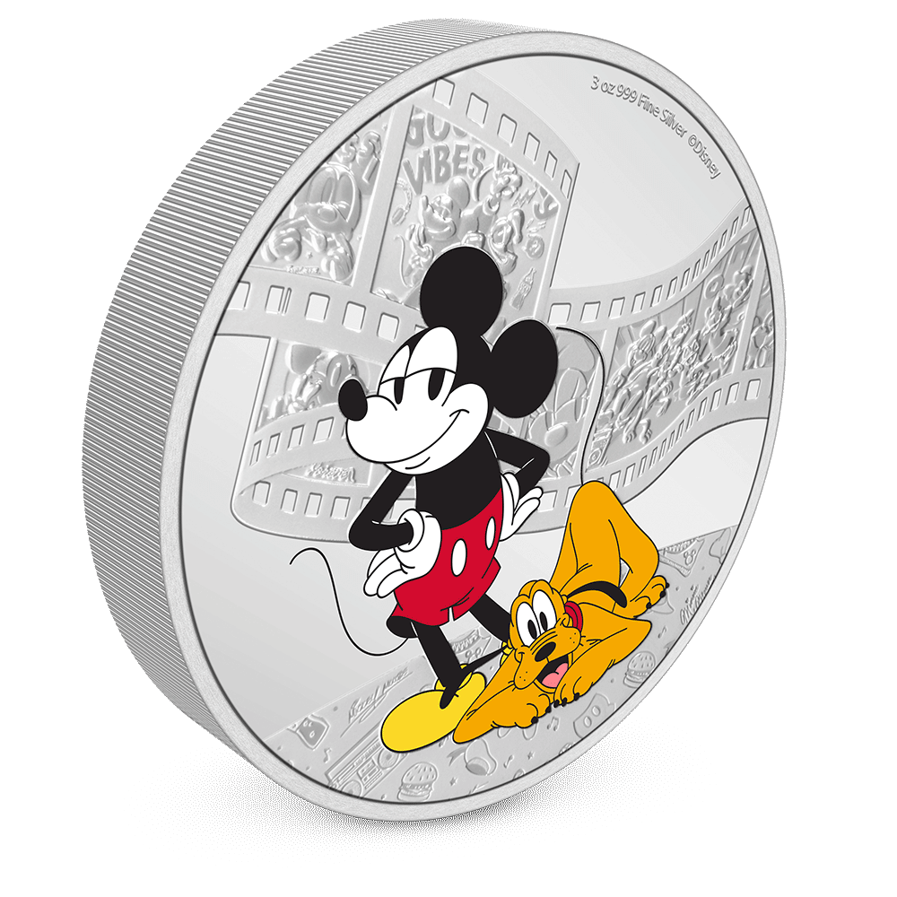 Niue 2023  Disney Mickey and Friends: Mickey and Pluto 3oz Silver Colorized Proof Coin Left Rim and Reverse