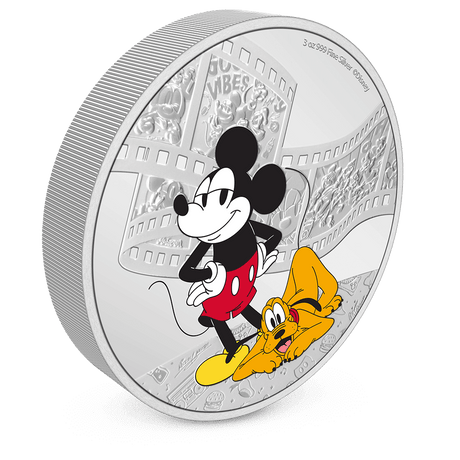 Niue 2023  Disney Mickey and Friends: Mickey and Pluto 3oz Silver Colorized Proof Coin Left Rim and Reverse