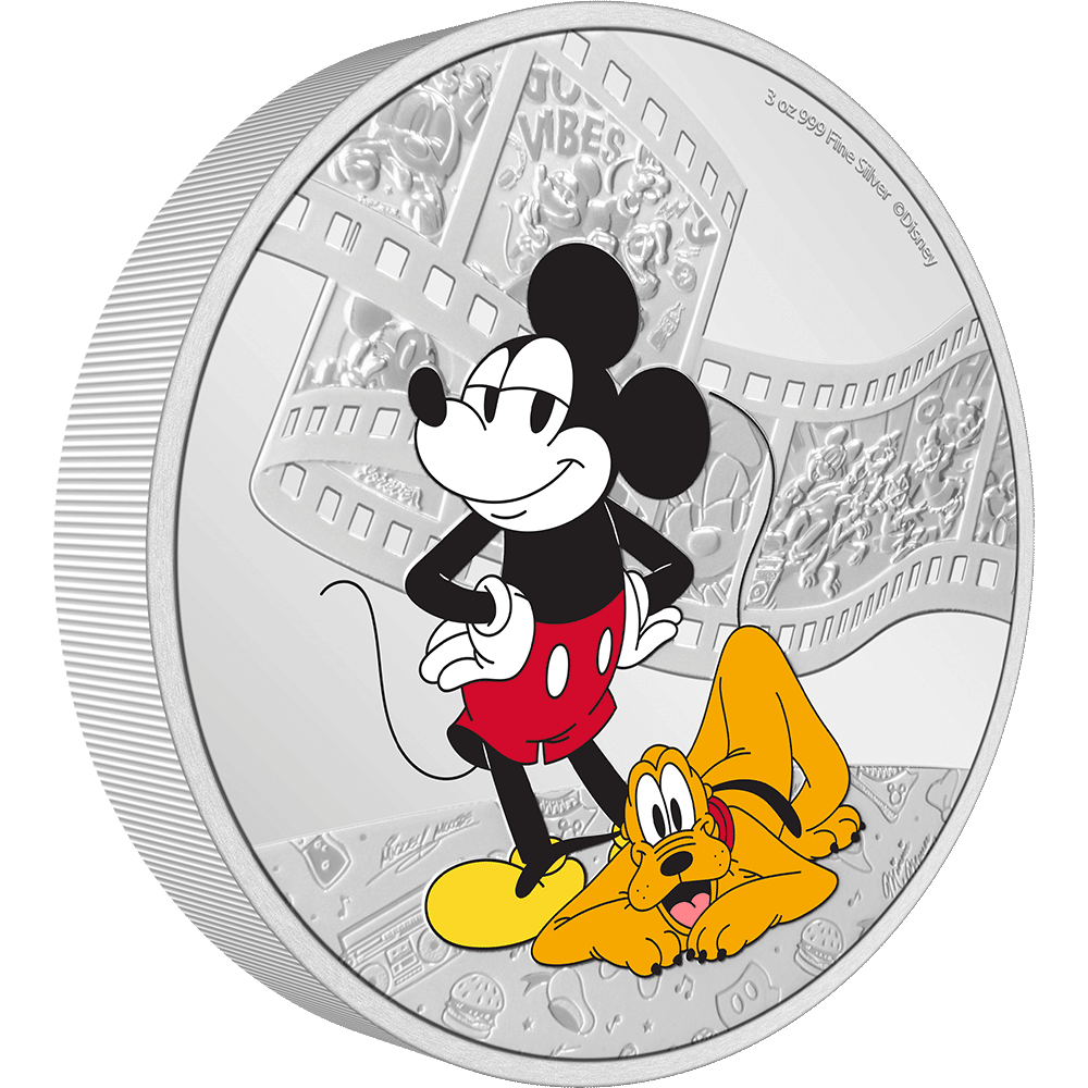 Niue 2023  Disney Mickey and Friends: Mickey and Pluto 3oz Silver Colorized Proof Coin Reverse and Rim