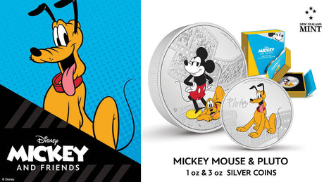 Niue 2023  Disney Mickey and Friends: Mickey and Pluto 3oz Silver Colorized Proof Coin Banner