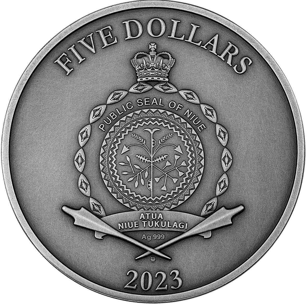 Niue 2023 $5 Nature Bee 2oz Silver Antiqued Digitally Printed Coin Obverse