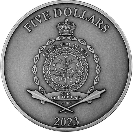 Niue 2023 $5 Nature Bee 2oz Silver Antiqued Digitally Printed Coin Obverse