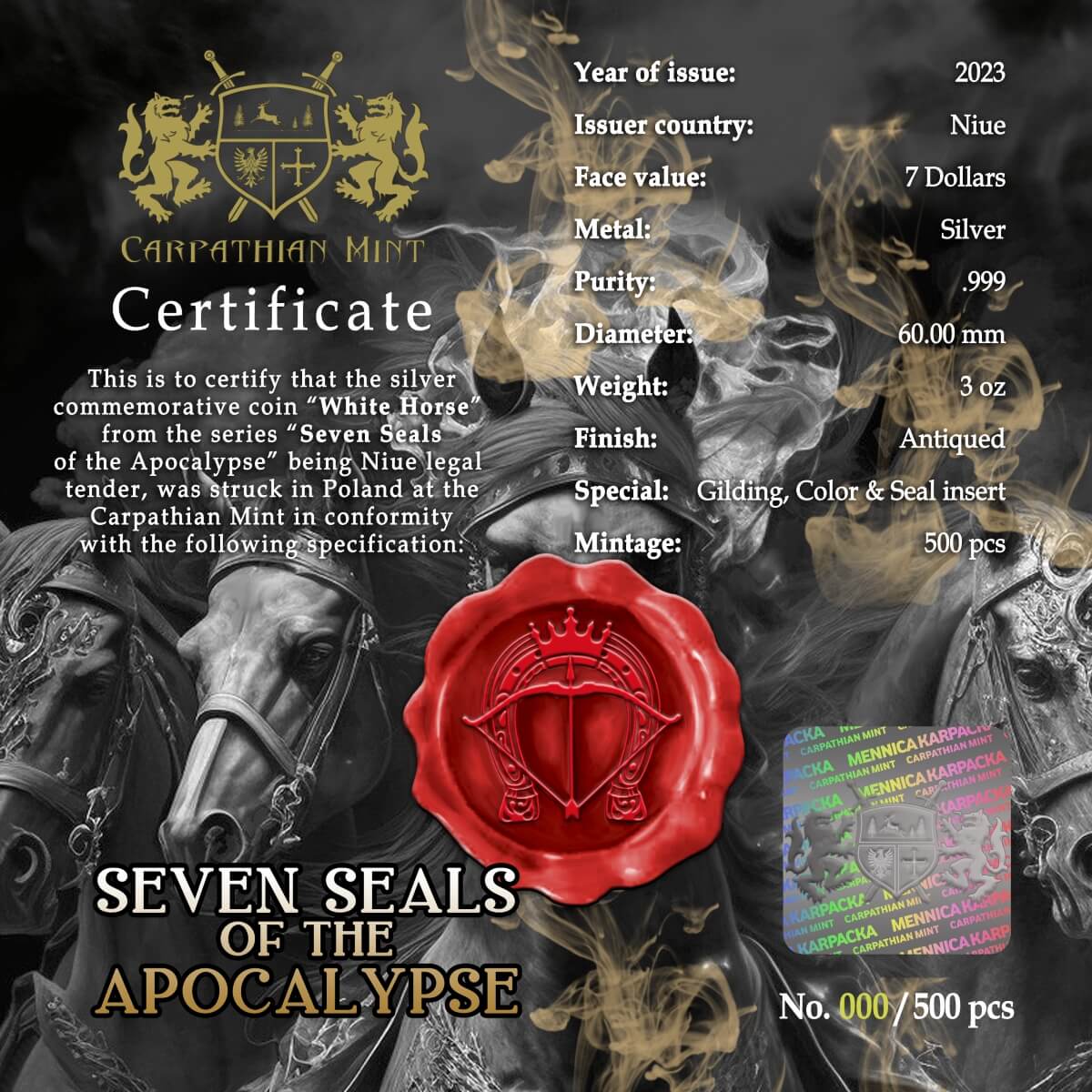 Niue 2023 $7 WHITE HORSE of VICTORY Seven Seals of the Apocalypse 3 Oz .999 Coloured and Gilded CertificateAntique Silver Coin Certificate