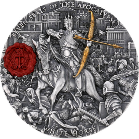 Niue 2023 $7 WHITE HORSE of VICTORY Seven Seals of the Apocalypse 3 Oz .999 Coloured and Gilded Reverse Antique Silver Coin Reverse