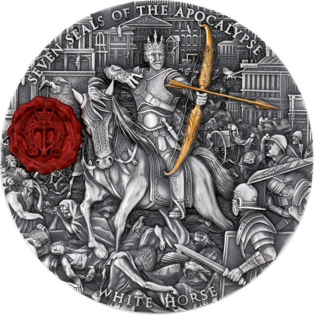 Niue 2023 $7 WHITE HORSE of VICTORY Seven Seals of the Apocalypse 3 Oz .999 Coloured and Gilded Reverse Antique Silver Coin Reverse