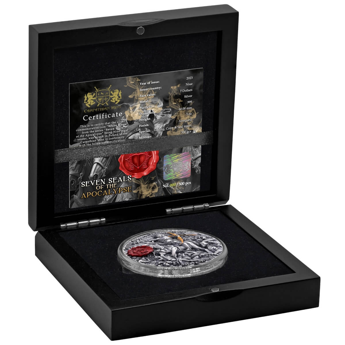 Niue 2023 $7 WHITE HORSE of VICTORY Seven Seals of the Apocalypse 3 Oz .999 Coloured and Gilded Antique Silver Coin Case