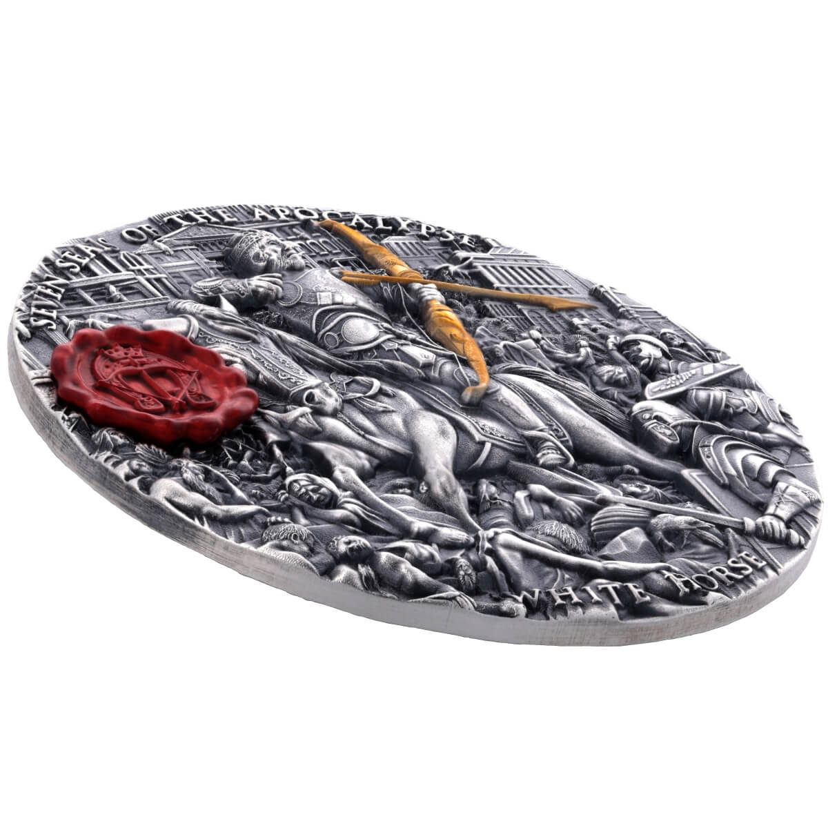 Niue 2023 $7 WHITE HORSE of VICTORY Seven Seals of the Apocalypse 3 Oz .999 Coloured and Gilded  Antique Silver Coin High Relief View Reverse and Rim