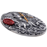 Niue 2023 $7 WHITE HORSE of VICTORY Seven Seals of the Apocalypse 3 Oz .999 Coloured and Gilded  Antique Silver Coin High Relief View Reverse and Rim