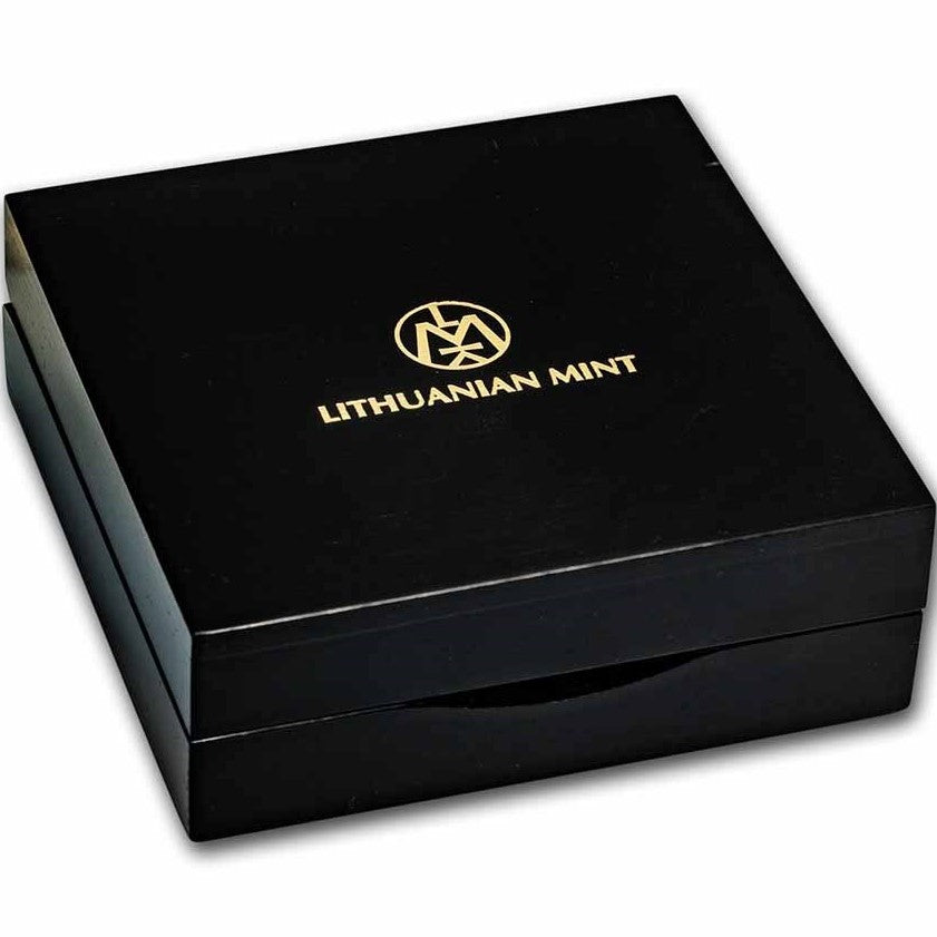A studio photograph of the premium black display case for the 2023 Niue $5 "Lady Flame" 2-ounce silver coin, shown completely closed. The rectangular box is crafted with hard sides and a smooth, unadorned matte black finish. The lid sits tightly shut against the base, concealing the coin inside and highlighting the clean, modern look of the protective storage case. The Logo and Logotype of Lithuanian Mint are printed in Gold on the top side.