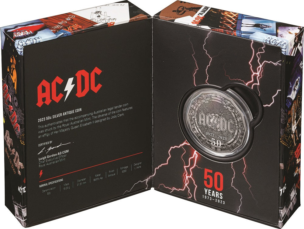 Australia 2023 50 Cent 50th Anniversary of AC/DC (ACCA DACCA) Silver Antiqued Coin Shipper Box