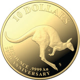 A gold-colored coin with an image of a kangaroo and text indicating it is a 10 dollar coin, 9999 AU, and celebrates the 30th Anniversary of the Kangaroo Series.