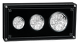 Three silver coins in a black display case with decorative elements.