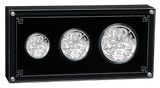 Three silver coins in a black display case with decorative elements.