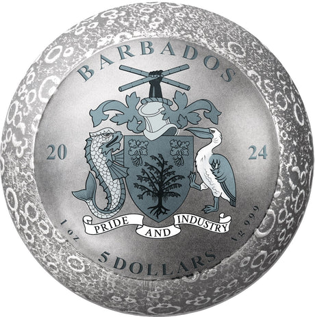 2024 Barbados $5 55th Ann. Moon Landing 1oz .999 Gold Plated Silver Antiqued Spherical Coin