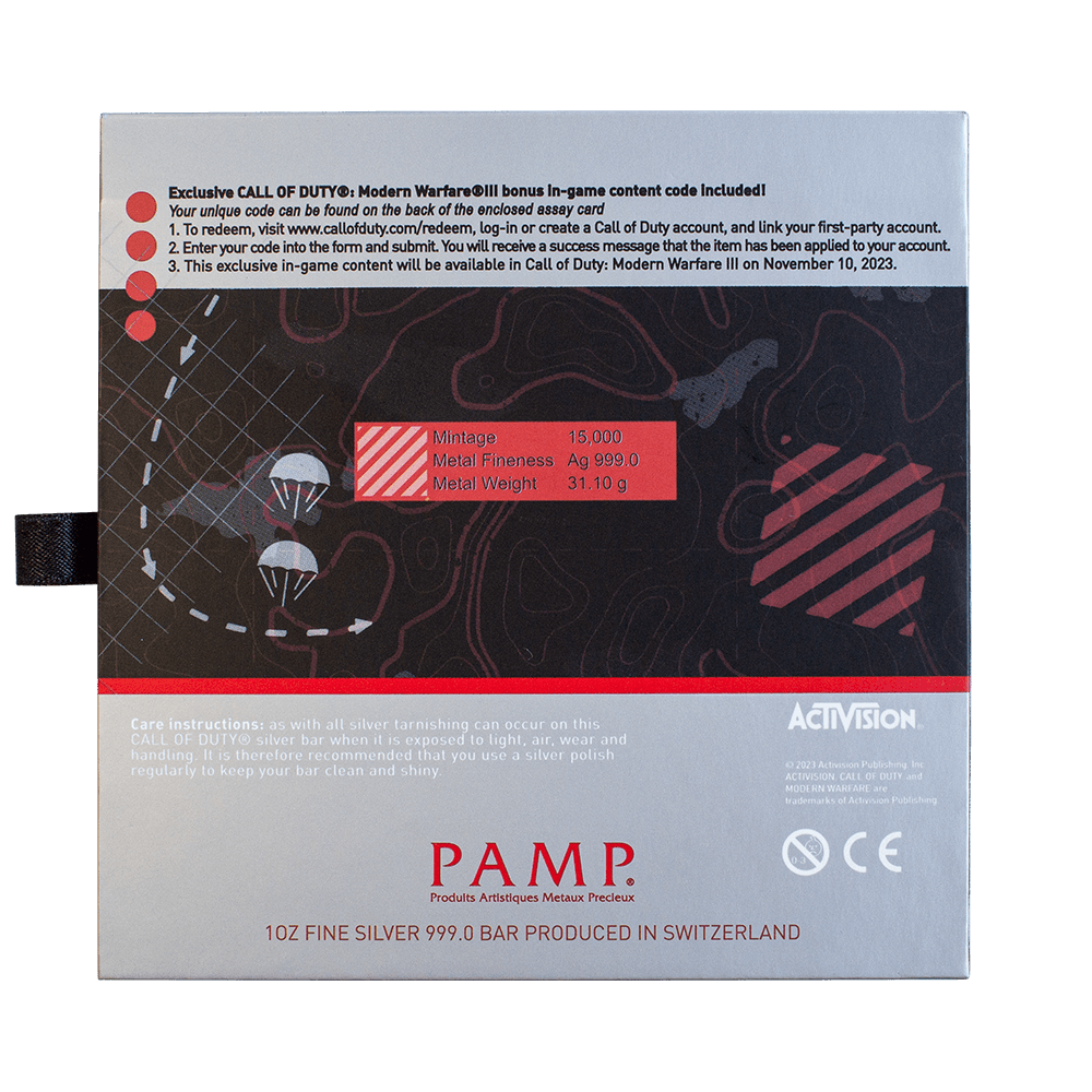 Switzerland PAMP 2024 WWII Call of Duty Modern Warfare 20th Anniversary Proof-Like Bar 1 oz .999 Silver with Pendant Frame / Bezel