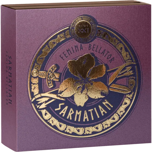 Sarmatian Femina Bellator packaging box in textured purple with gold foil detailing, featuring a central circular emblem with a flower, sword, and decorative border.