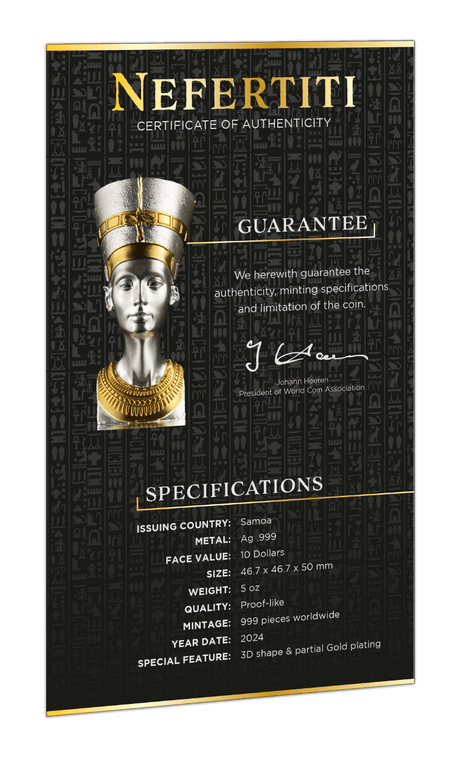 Samoa 2024 Nefertiti 5 oz Silver Matte Proof 3D Shaped Gilded Coin