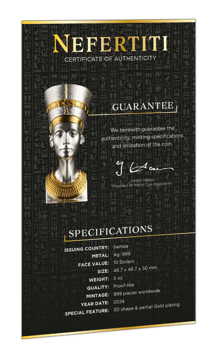 Certificate of Auhenticity for the bust of Nefertiti, a 3D shaped silver coin with gold gilding, depicting the bust of Nefertiti. The coin is displayed on a stand against a black background.