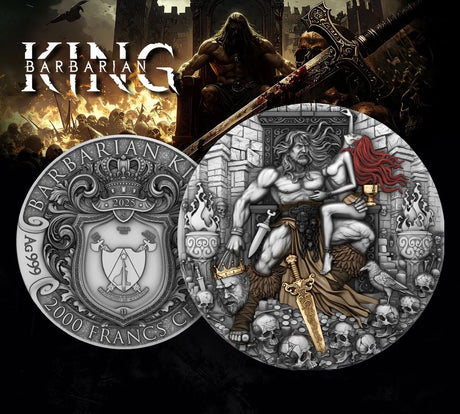 PRE-ORDER Cameroon  2025 2000 Francs BARBARIAN KING 2 oz .999 Silver Antiqued Colorized Gilded Coin