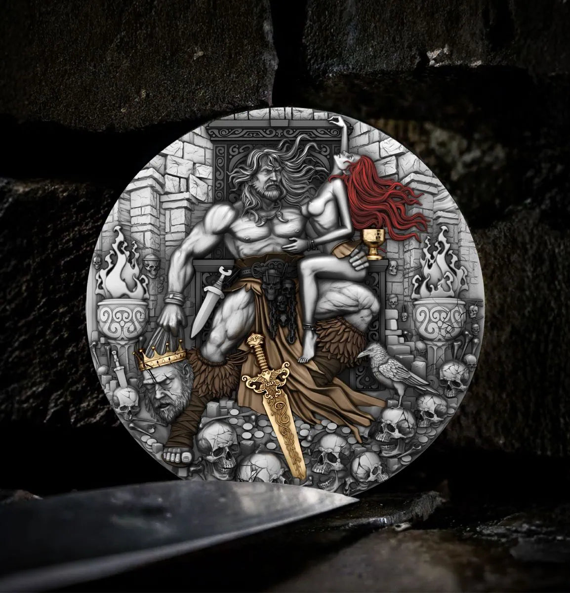 PRE-ORDER Cameroon  2025 2000 Francs BARBARIAN KING 2 oz .999 Silver Antiqued Colorized Gilded Coin